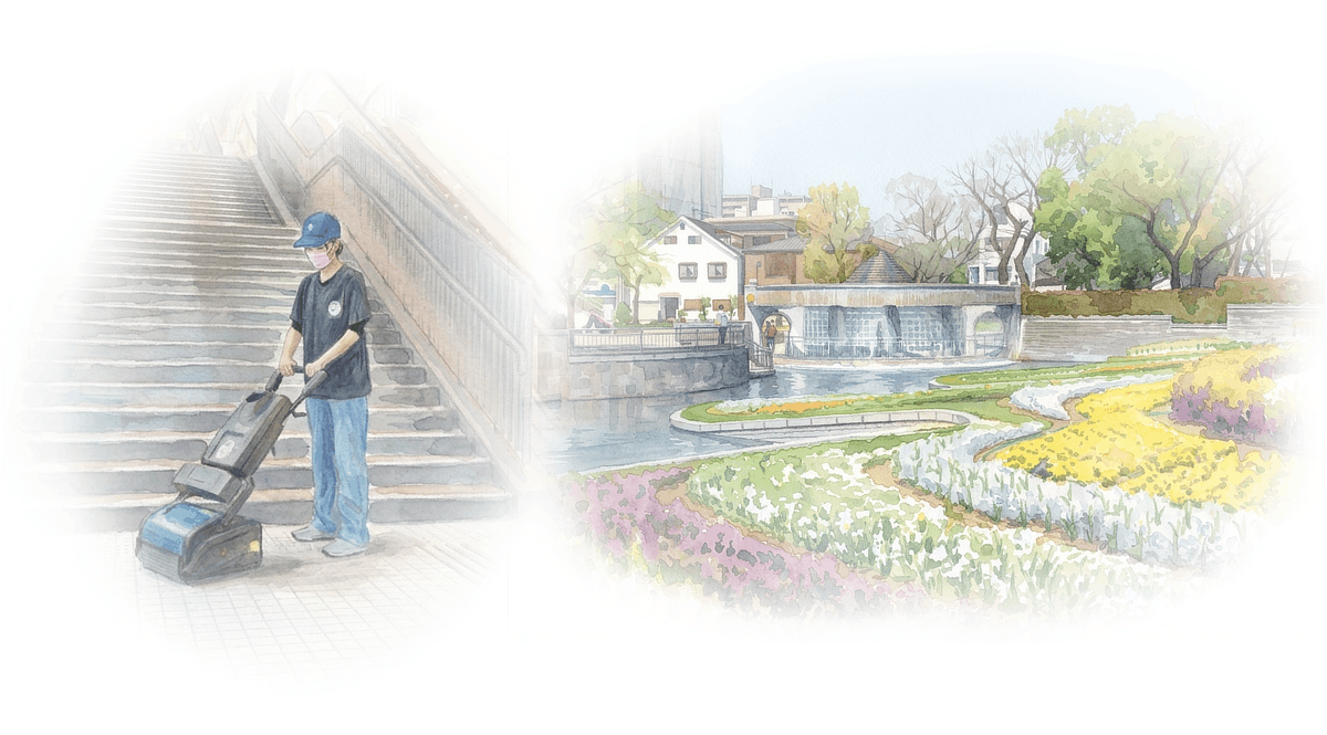 ビルメンテナンス業スタッフと住吉公園のイラスト